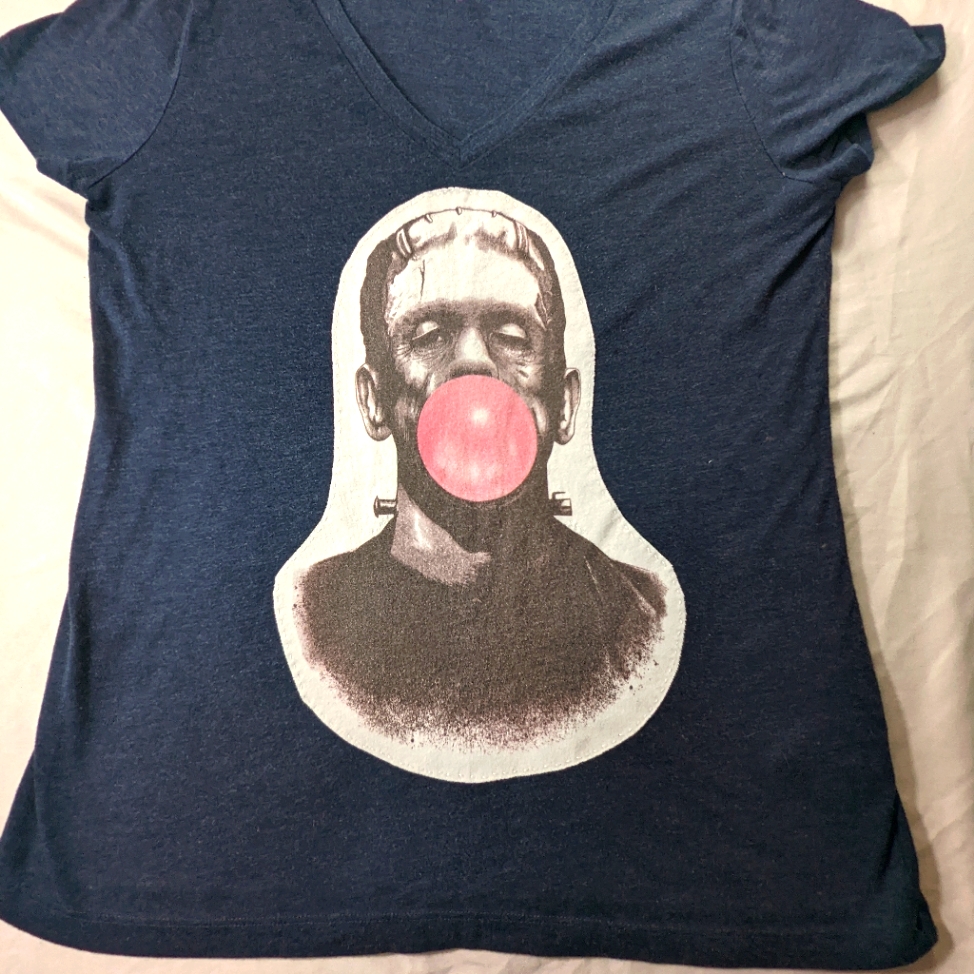 Frankenstein Bubble Gum Tee! Hand Stitched Repurposed Vneck Large